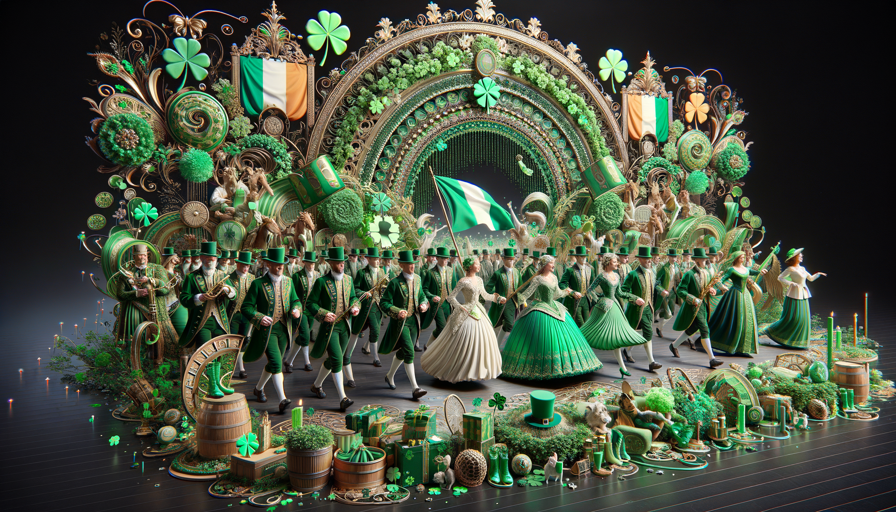 Persone che celebrano la parata di San Patrizio a Dublino, con costumi colorati e un'atmosfera festosa nelle strade.